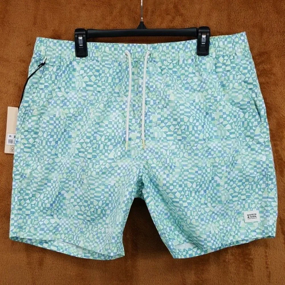 SCOTCH & SODA Swim Trunks Mens XXL Green Blue Geo Print Drawstring Shorts